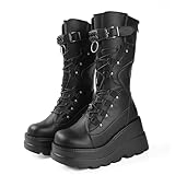 Gothniero Botas góticas de plataforma de rodilla alta, tacón grueso, botas góticas punk de media pantorrilla, con cordones y hebillas, botas de combate para mujer, Negro2., 38 EU