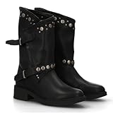 94725 Botas de Mujer Estilo Urbano con Detalles metalicos y Tachuelas. Estampado Liso. Diseno Otono e Invierno, Cierre de Cremallera y Doble Hebilla Decorativa. Negro Talla 39