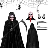 JLTXKST Disfraces Reaper de Halloween,Disfraz de parca,Disfra Muerte Adulto,con Capucha, Máscara de Calavera, Guantes, Guadaña,Capa de Muerte para Adultos para Carnaval Costume Cosplay