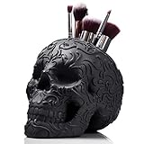 Wicked Vanity Beauty Soporte para brochas de maquillaje de calavera, soporte para bolígrafos, organizador de oficina, decoración estacionaria (negro azabache)