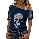 Camiseta de verano para mujer, estampado de calavera, camiseta de manga corta, vintage, punk, cráneo, cuello oblicuo, camiseta de malla sexy, ropa gótica, Y2k, ropa de calle, verano, camiseta básica