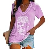 Camiseta de Mujer, Camisetas de Manga Corta con Estampado de Calavera de Diamantes de imitación Camisetas de Moda Punk Rock con Cuello en V Camisetas con Estampado de Calavera de Verano