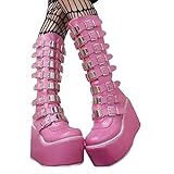 BIXPAK Botas de Plataforma gótica de Metal a la Moda, Botas Altas de Cosplay Punk para Mujer, Zapatos de Calle con Hebilla de Metal, Botas de Talla Grande de Suela Gruesa para Mujer (Color : Rosa, T
