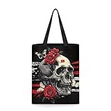 chaqlin Bolsas de lona reutilizables de gran capacidad, bolsas de comestibles para mujer, bolsos de hombro con bolsillo interior, Calavera y rosa vintage, Talla única