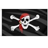 AhfuLife Bandera Pirata 3x5 ft, Bandera de Pirata Grande con Bandana Rojo, Bandera con Calavera Impermeable de poliéster con 2 Ojales para Fiesta Pirata Decoración de Halloween (1pcs)
