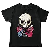 lepni.me Camiseta para Niños Guitarras, Calavera, Rosas - Amantes del Concierto de Rock & Roll (12-13 Years Negro Multicolor)