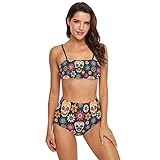 Funnyy - Traje de baño de dos piezas con diseño de calavera de azúcar, diseño de flores, traje de baño de playa, para mujeres, adolescentes y niñas Multicolor multicolor L