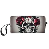 Bolsa de almacenamiento de calavera de rosa roja, pequeña bolsa de maquillaje para bolso, bolsa de maquillaje de viaje, mini bolsa de cosméticos para hombre, calavera de rosa roja, talla única,