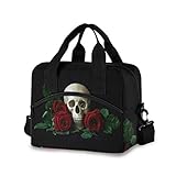 Bolsa de almuerzo con diseño de calavera humana con rosas rojas para mujer, color negro, bolsa de almuerzo, resistente al agua, térmica, bolsa para el almuerzo, para trabajo, picnic, playa, deportes
