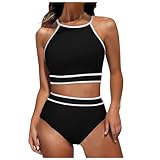 Ropa De Mujer Bikini Conjunto de Bikini de Talle con Cuello para Mujer, Traje de baño Deportivo a Juego de Dos Piezas Bikinis Mujer Calaveras (Black, L)