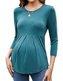 Sosolism Tops de Maternidad para Mujer Manga 3/4 Pliegue Frontal Camisetas Premamá Cuello Redondo Peplum Ropa de Embarazo