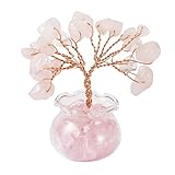 Crafans Decoración de árbol de piedras preciosas en miniatura, árbol de cuarzo rosa natural con base de jarrón de vidrio, alambre de cobre, árbol de gemas decorativo para el hogar, escritorio,