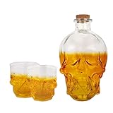 Licorera cristal de calavera con 2 vasos de chupito, Jarra de cristal con corcho para whisky, Calavera cristal decorativa de 850ml