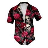 Mymyguoe Camisas casuales con estampado de calaveras para hombre, camiseta de festival, cuello abierto, camiseta de manga corta, camisa de Halloween, transpirable, camisa de playa ligera, camisetas