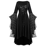 HAOLEI Disfraz Bruja Mujer,Vestido Negro Halloween con Cordón Vestido Gótico con Estampado de Encaje de Calavera Vintage Cuello Cuadrado Maxi Vestido Medieval Mujer Originales Disfraces Halloween