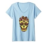 Mujer Catrina Calavera con Flores Camiseta Cuello V