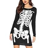 Sandbank vestido de Halloween para mujer, estilo vintage, estampado de calavera de azúcar, vestido de fiesta Rockabilly, manga larga, ajustado, vestido de clubwear Negro Negro ( S = Etiqueta M