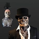 Lanckeli Máscara de Calavera de Halloween con Mandíbula Móvil, Cráneo Espeluznante, Máscara de Látex para Adultos. (A1 - Gris + Rojo + Gorra)