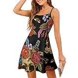 Vestido de playa de verano para mujer, diseño de calavera y flores, con tirantes delgados, estampado de calavera y flores