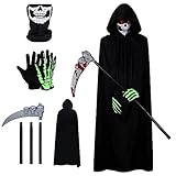 DERJLY Disfraz de Parca Adulto, Disfraz de Halloween Fantasma con máscara de Calavera, Guantes, guadaña, Larga Capa con Capucha, para Fiesta de Halloween