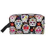 Bolsa organizadora de cosméticos portátil con estampado de calaveras de flores coloridas, bolsa de almacenamiento de gran capacidad