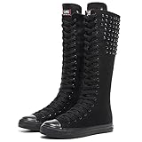 Momuk Estilo punk, tachuelas largas, botas de lona, hasta la rodilla, zapatos casuales de moda para mujeres y niñas, Negro , 43 EU