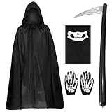 FUIPVGI 4 Piezas Disfraces de Parca de Terror Misterioso,Disfraz Bruja,140cm Capa Negra Calavera Cuello Bufanda Guantes Accesorios de Hoz Inflables Disfraz de Parca para Halloween Cosplay (Negro)