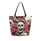 COZYhome - Bolso de lona grande, diseño de calaveras y rosas rojas