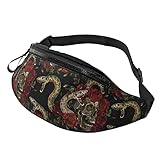 Riñonera para mujeres y hombres con conector para auriculares, bolsa deportiva con cinturón de calavera, rosas y cebra, riñonera para correr, Calavera Serpiente Rosas Rojas, Talla única