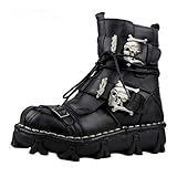 Botas militares de piel auténtica para hombre, color negro, estilo militar, gótico, calavera, punk, Negro, 10.5 Wide