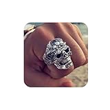 Aneneiceera Anillos de Calavera Vintage Anillos de Cabeza de Esqueleto de Metal Anillos de Esqueleto de Plata Anillos de Calavera Punk Anillos góticos Joyería de Mano para Mujer