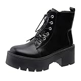 Botines para mujer de charol, botas góticas punk, con tacón, monocolor, plataforma, caña corta, cómodas, con cordones, cremallera, elegantes, botas lacadas, zapatos de mujer, Negro , 37 EU