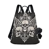 GAIREG Mochila para mujer con alas de calavera y pompón negro, Calaveras con alas sobre fondo negro