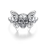 Anillo de calavera para mujer, plata de ley 925, anillo de mariposa, gótico, joyería de calavera para hombre y mujer, abierto y ajustable, Plata de ley