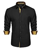 HISDERN Camisa para Hombre Casual Formales Clásico con Botones Camisas de Vestir Cuello de Manga Larga Ajuste Oro Negro