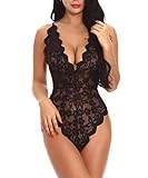 Buitifo Body Mujer Sexy Ropa de encaje femenina sin espalda mini Teddy V collar ropa interior(Negro1,XXL)