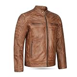 Leatherick Chaqueta de motociclista estilo retro vintage de cuero genuino marrón tostado envejecido para hombre (L)