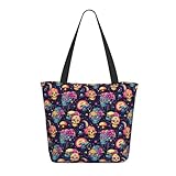 Bolsa de mano con estampado tropical de calaveras coloridas para mujer, bolsa de hombro grande con cremallera, bolsos para el trabajo y viajes