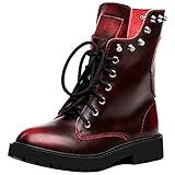 Mujer Cráneo Punk Remache Media Pierna Tacón Grueso Motocicleta Botas de Moterasa (EU38.5, Borgoña)