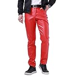 HAORUN Pantalones de cuero sintético para hombre, ajuste delgado, pantalones de fiesta casual, color sólido - rojo - 52