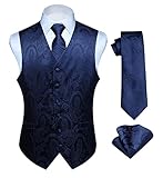 HISDERN Chaleco y corbata de jacquard floral paisley clasico para hombre y traje de chaleco cuadrado de bolsillo Azul marino M