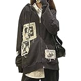 Sudadera con capucha Y2k con cremallera para mujer, con estampado gráfico, retrato de cuadros, de gran tamaño, gótico, punk, de manga larga, con cordón y bolsillos, gris, S