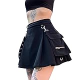 Minifaldas góticas Harajuku para mujer, faldas de cintura alta, punk Dark Academia, estética corta, acampanada, falda acampanada Y2K Streetwear, Negro, 40