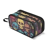 Estuche para lápices de calaveras de colores, bolsa de gran capacidad para niños y niñas, 3 compartimentos, organizador de papelería, estuche para la escuela, oficina, trabajo, Calaveras de colores,