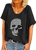 Camisetas de Calavera con Diamantes de imitación para Mujer, Camiseta de Manga Corta con Cuello Redondo y Calavera a la Moda