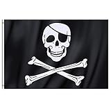 TRIXES Pancarta Colgante Decoración Fiestas Temáticas Nave Fantasma Bandera Grande Negra Pirata Calavera y Huesos 90 x 150 cm con Anillos