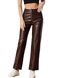 Allegra K Pantalones de Cuero Sintético para Mujer de Talle Alto Perneras Rectas Pantalones Casual PU Punk marrón L