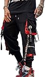 Hello MrLin - Pantalones Deportivos para Hombre, Estilo Punk, Bolsillos Cargo, Holgados, Estilo Hip Hop, Ropa de Calle, tácticos, Negro&Rojo, Large