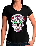 Mx Games Camiseta Calavera Mexicana de Mujer - Flores (Negro, XL)