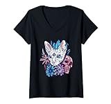 Mujer Disfraz floral calavera gato místico Sphynx flor Halloween Camiseta Cuello V